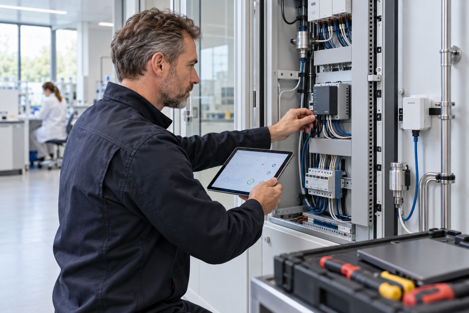 Technisch specialist stelt een gateway in bij aangesloten meetapparatuur