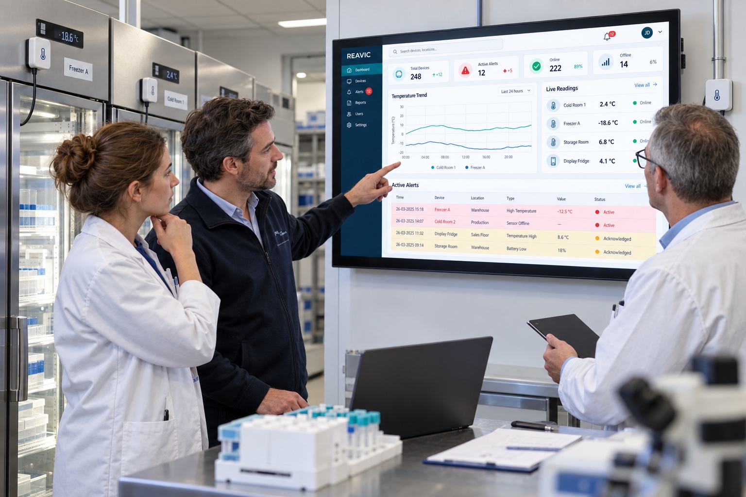 Reavic-specialisten bespreken monitoringdata in een laboratorium