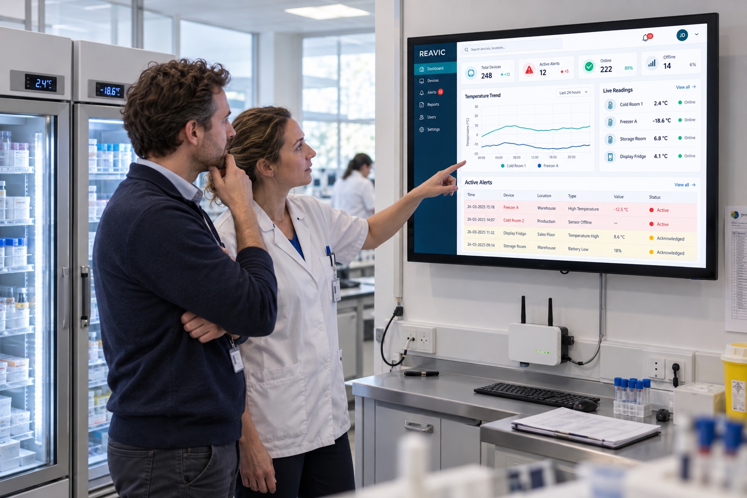 Monitoringpartner en laboratoriumspecialist bespreken het Reavic-dashboard in de praktijk